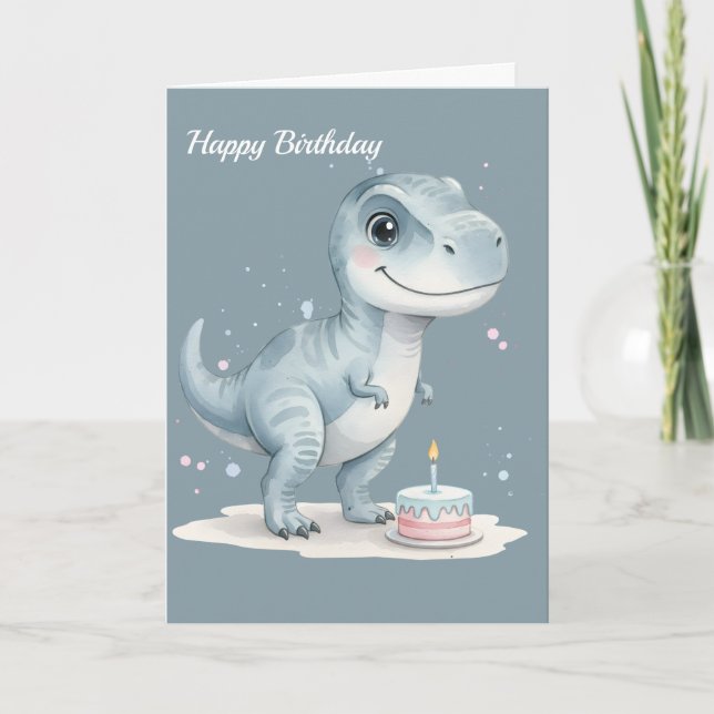 Cute T-Rex Dinosaur with Cake - Kids Birthday  Card (Front)