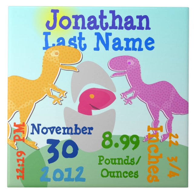 Cute T-Rex Dinosaurs Newborn Egg Boy Birth Tile (Front)