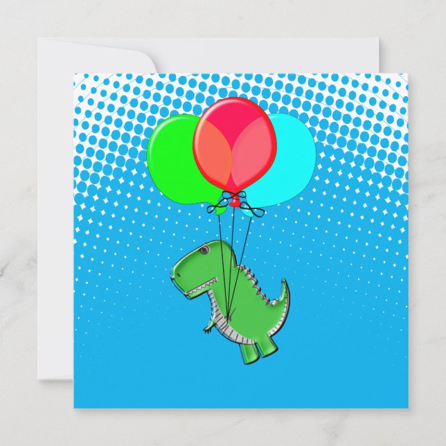 Cute T-Rex Flying With Balloons In Blue Sky (Front)
