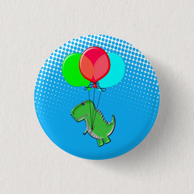 Cute T-Rex Flying With Balloons In Blue Sky 1 Inch Round Button (Front)