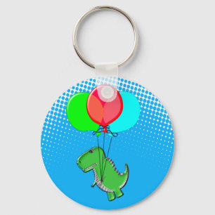 Cute T-Rex Flying With Balloons In Blue Sky Keychain