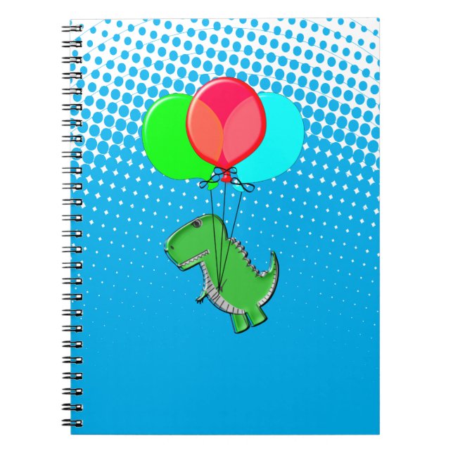 Cute T-Rex Flying With Balloons In Blue Sky Notebook (Front)