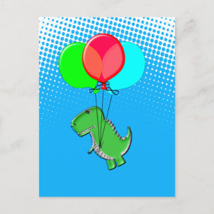 Cute T-Rex Flying With Balloons In Blue Sky Postcard