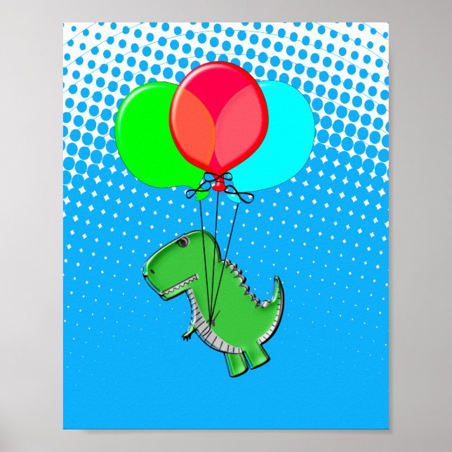 Cute T-Rex Flying With Balloons In Blue Sky Poster (Front)