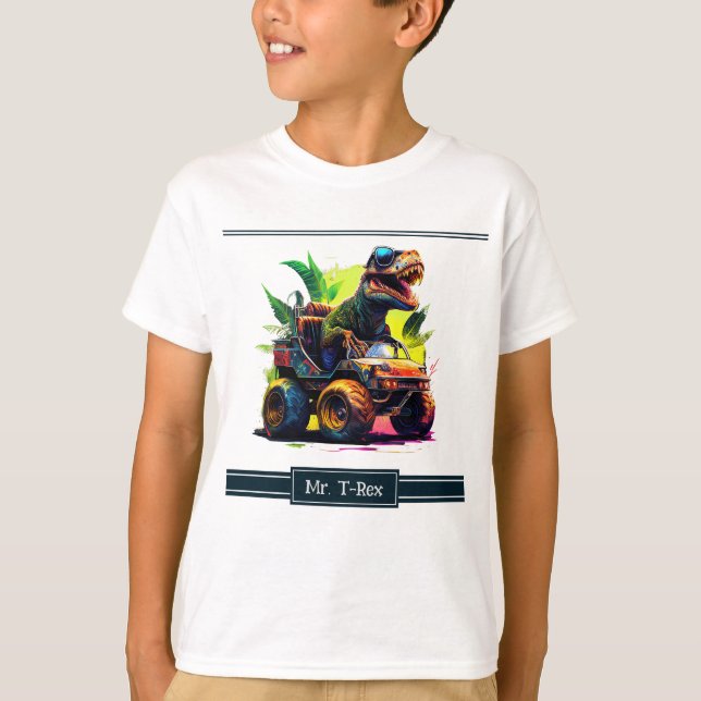 Cute T-Rex Riding Monster Truck Dinosaur Kids' T-Shirt (Front)