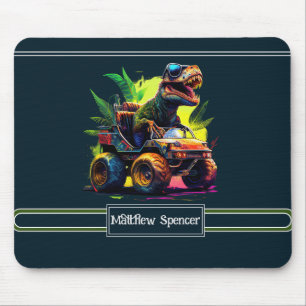 Cute T-Rex Riding Monster Truck Dinosaur Name Mouse Pad