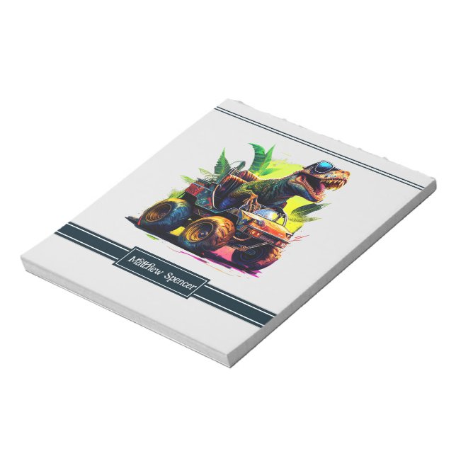 Cute T-Rex Riding Monster Truck Dinosaur Name Notepad (Rotated)