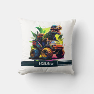Cute T-Rex Riding Monster Truck Dinosaur Name Throw Pillow