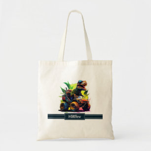 Cute T-Rex Riding Monster Truck Dinosaur Name Tote Bag