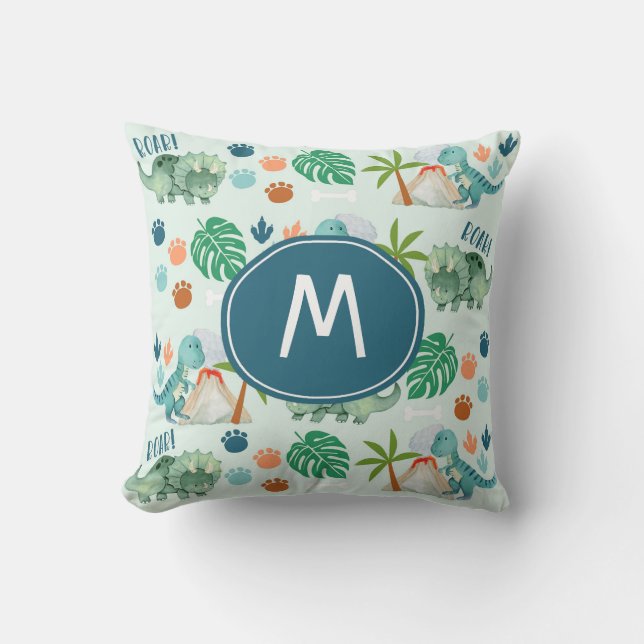 Cute T Rex Triceratops Dinosaur Pattern Monogram Throw Pillow (Front)