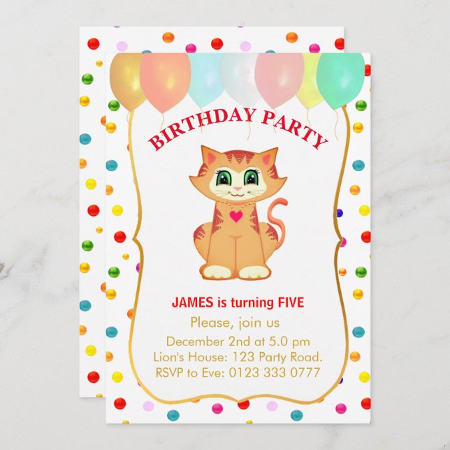 Cute Tabby Cat, Balloons and Confetti Birthday Invitation (Front/Back)