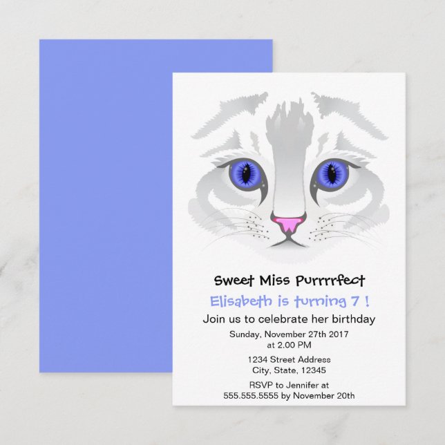 Cute tabby cat cartoon blue girl birthday party invitation (Front/Back)