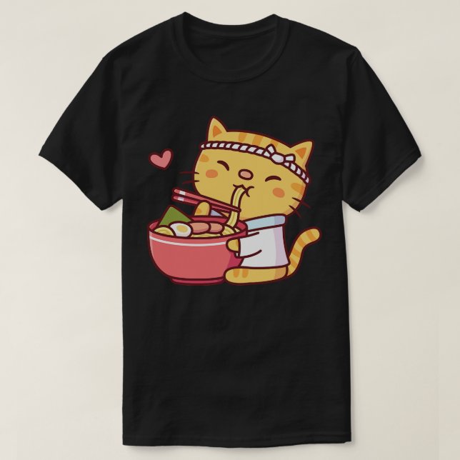 Cute Tabby Cat Chef Eating Ramen T-Shirt (Design Front)
