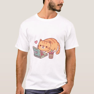 Cute Tabby Cat Chilling With Laptop And Boba Tea T-Shirt