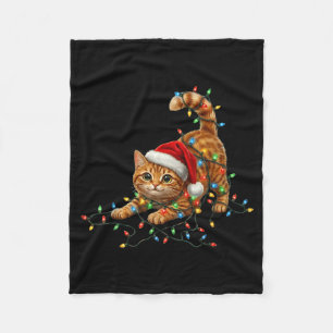 Cute Tabby Cat Christmas Funny Lights Xmas Cat In  Fleece Blanket