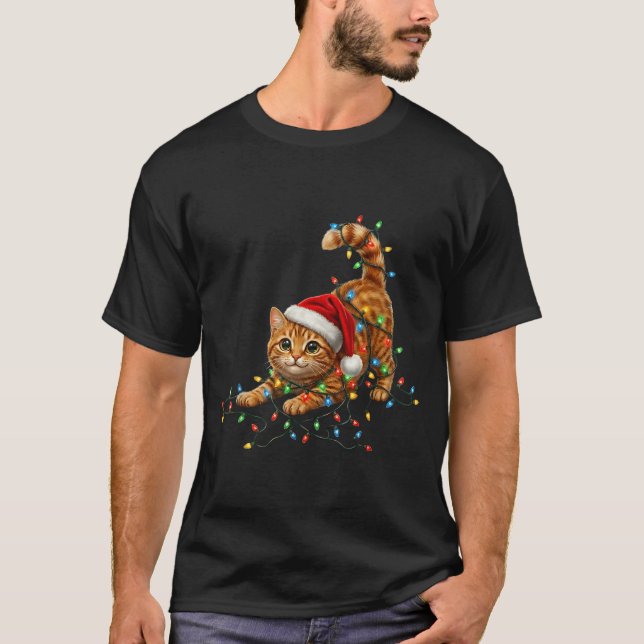 Cute Tabby Cat Christmas Funny Lights Xmas Cat In  T-Shirt (Front)