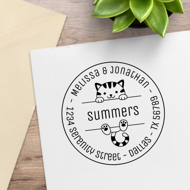 Cute Tabby Cat Couple Family Round Address Rubber Stamp (Creator Uploaded)