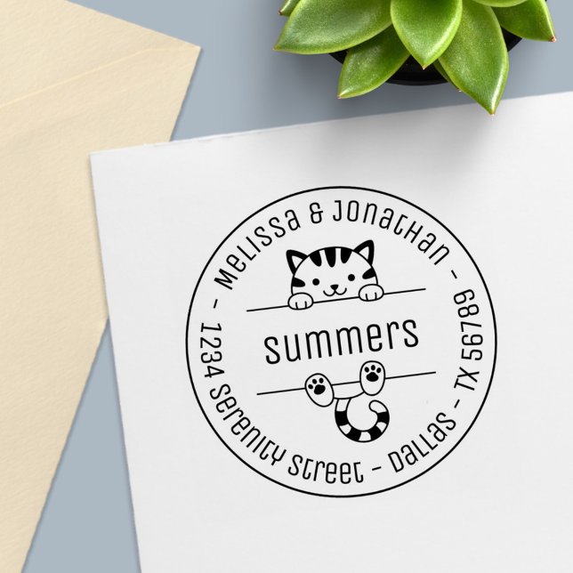 Cute Tabby Cat Couple Family Round Address Self-inking Stamp (Creator Uploaded)