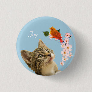 Cute Tabby Cat, Flowers and Red Little Bird 1 Inch Round Button