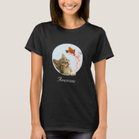 Cute Tabby Cat, Flowers and Red Little Bird T-Shi