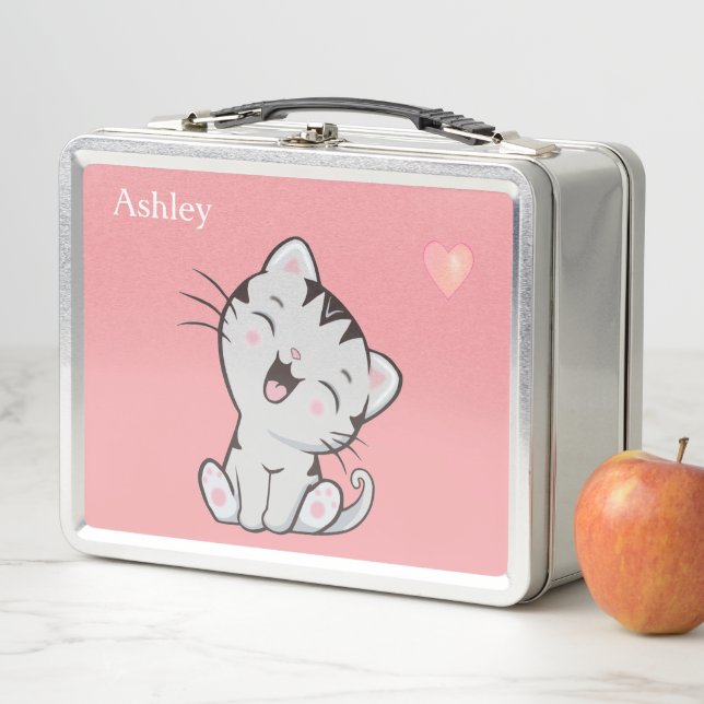 Cute Tabby Cat & Heart on Light Pink Metal Lunch Box (In Situ)