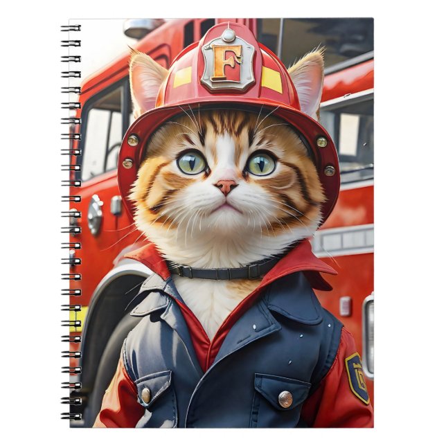 Cute Tabby Cat in Firefighter Uniform Watercolor Notebook (Front)