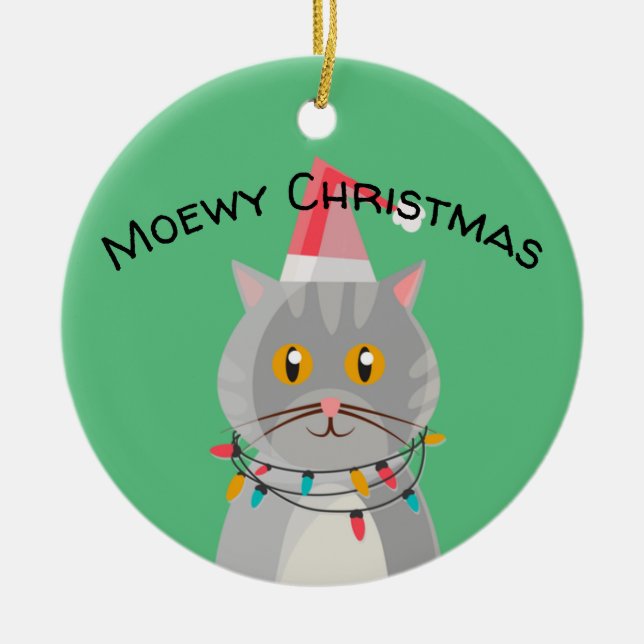 Cute Tabby Cat in Santa Hat Ceramic Ornament (Front)