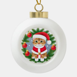 Cute Tabby Cat in Santa Outfit Ceramic Ball Christmas Ornament
