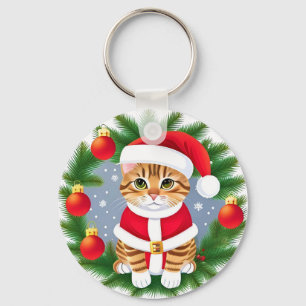 Cute Tabby Cat in Santa Outfit Keychain