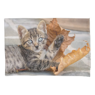 Cute Tabby Cat Kitten Playing With a Leaf - Pillowcase
