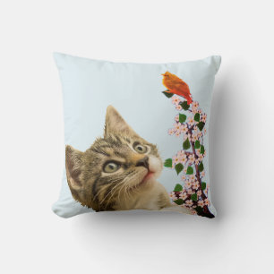 Cute Tabby Cat & Little Bird on Light Blue Throw Pillow