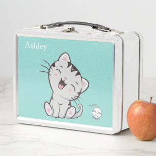 Cute Tabby Cat & Mouse on Light Blue Metal Lunch Box