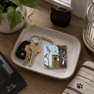 Cute Tabby Cat Napping Birdhouse Funny Keychain