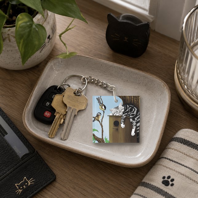 Cute Tabby Cat Napping Birdhouse Funny Keychain (Creator Uploaded)