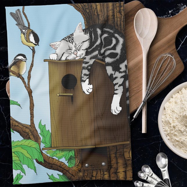 Cute Tabby Cat Napping Birdhouse Funny Kitchen Towel (Creator Uploaded)