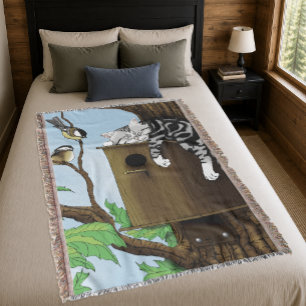 Cute Tabby Cat Napping Birdhouse Funny Throw Blanket