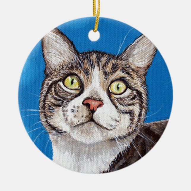 Cute Tabby Cat Painting Ceramic Ornament (Front)