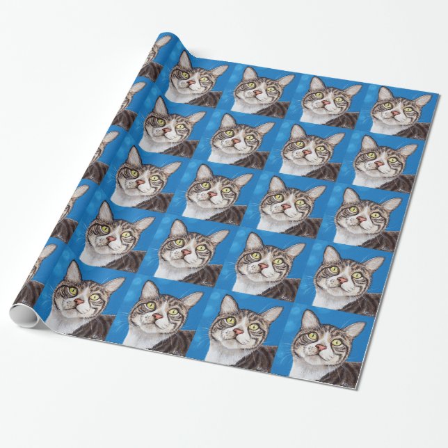 Cute Tabby Cat Painting Wrapping Paper (Unrolled)