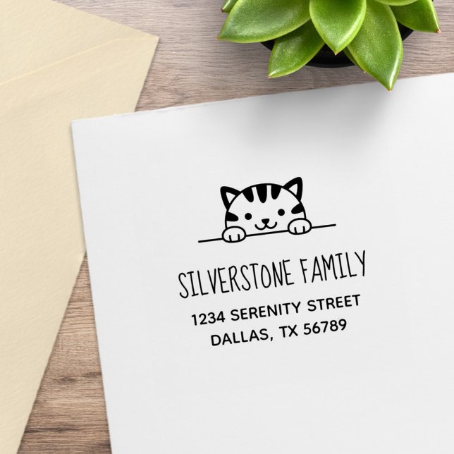 Cute Tabby Cat Peeking above Family Address 2 Rubber Stamp (Creator Uploaded)