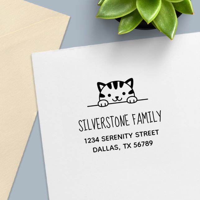 Cute Tabby Cat Peeking above Family Address Self-inking Stamp (Creator Uploaded)