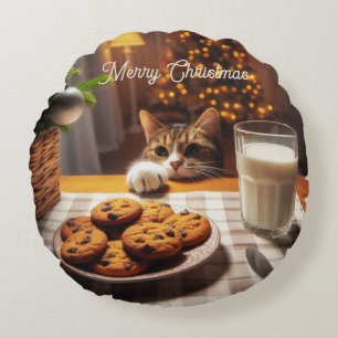 Cute Tabby Cat Reaching for Cookies Christmas Round Pillow