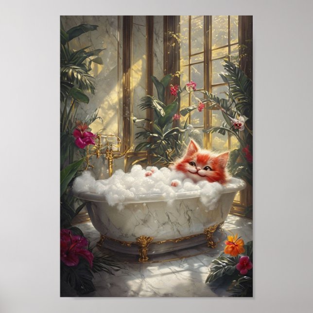 Cute Tabby Cat Relaxing In Luxurious Marble Bath Poster (Front)