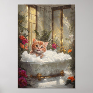 Cute Tabby Cat Relaxing In Luxurious Marble Bath Poster