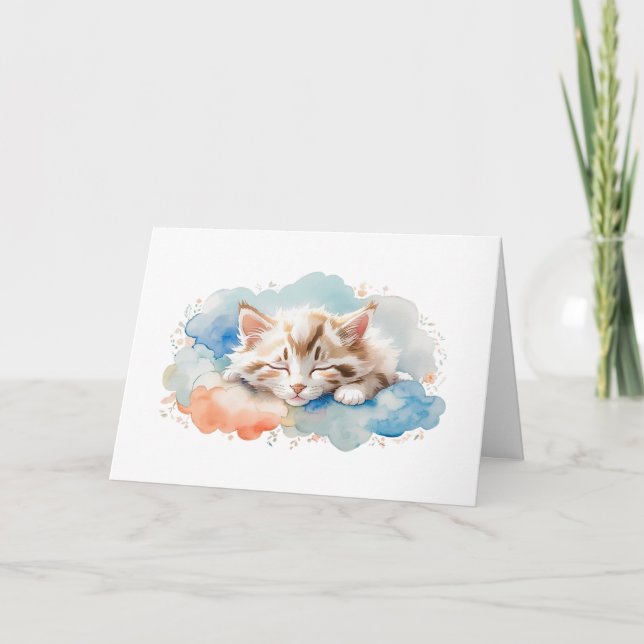 Cute Tabby Cat Sleeping Among Fluffy Clouds Blank Card (Front)