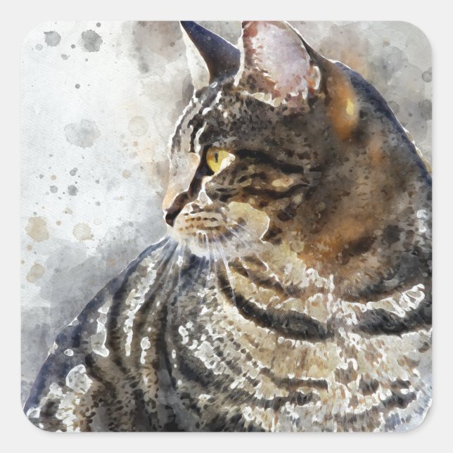 Cute Tabby Cat Watercolor Art Square Sticker (Front)