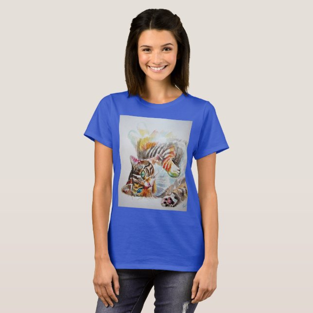 Cute Tabby Cat Watercolour cats Girls T Shirt Top (Front Full)