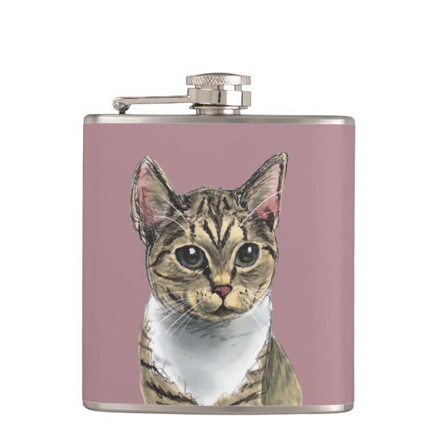 Cute Tabby Cat With Big Eyes Drawing Hip Flask (Front)