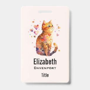 Cute Tabby Cat with Hearts Badge