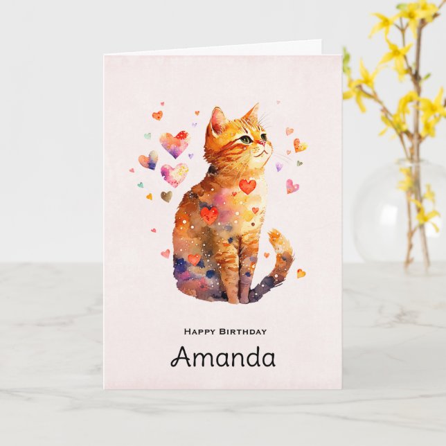 Cute Tabby Cat with Hearts Birthday Card (Yellow Flower)