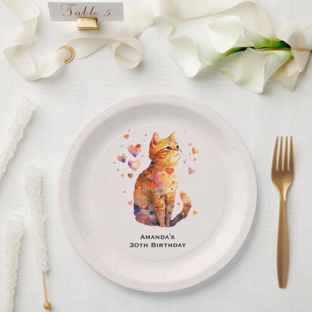 Cute Tabby Cat with Hearts Birthday Paper Plate (Wedding)